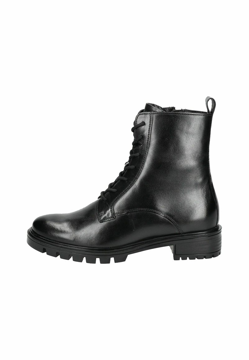 Bota de tobillo de cuero negro con un diseño elegante, que presenta cordones, una lengüeta para facilitar el uso y una suela texturizada para un mejor agarre.