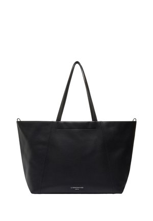 Czarna skórzana torba typu tote z dwoma rączkami na ramię i subtelnym logo LIEBESKIND Berlin umieszczonym centralnie u dołu.