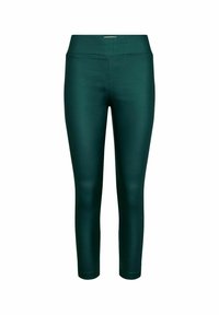 Leggings teal en matière lisse et extensible, taille haute et longueur cropped. Dotés d'un design épuré et ajusté sans motifs.