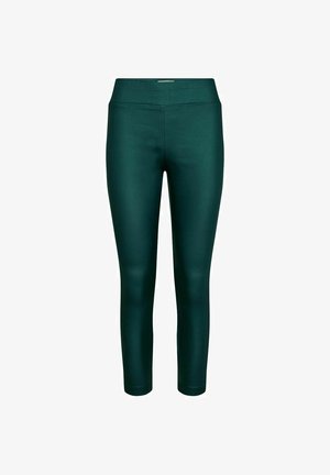 Türkise Leggings aus einem glatten, dehnbaren Material, mit hohem Bund und verkürzter Länge. Sie verfügen über ein elegantes, körperbetontes Design ohne Muster.