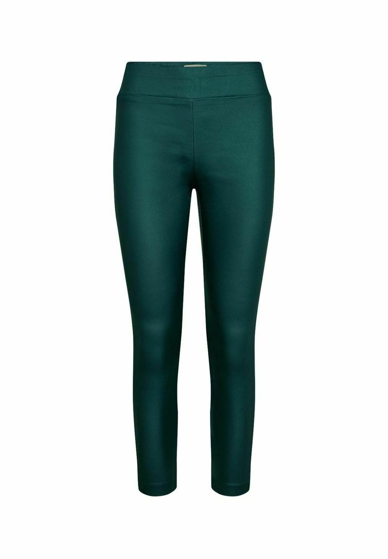 Leggings teal en matière lisse et extensible, taille haute et longueur cropped. Dotés d'un design épuré et ajusté sans motifs.