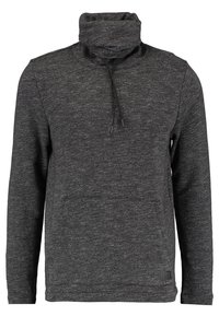 Mörkgrå långärmad pullover med hög krage och justerbar dragsko, utrustad med en framficka i känguru-stil och mjuk stickad textur.