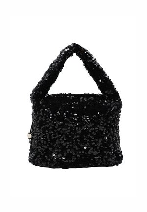 Schwarze Pailletten-Handtasche mit weicher Textur, abgerundetem Schulterriemen und kompaktem quadratischen Format. Verfügt über einen Reißverschluß an der Seite.