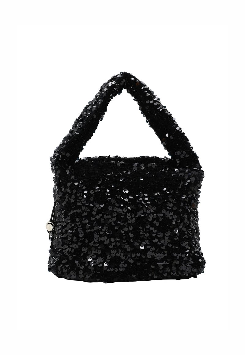 Schwarze Pailletten-Handtasche mit weicher Textur, abgerundetem Schulterriemen und kompaktem quadratischen Format. Verfügt über einen Reißverschluß an der Seite.