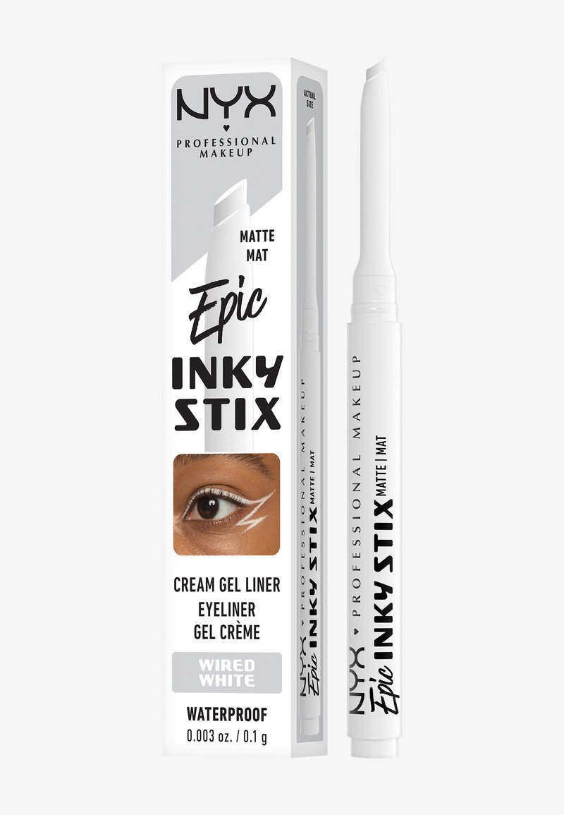 Eyeliner gel crème blanc imperméable NYX Epic Inky Stix avec embout biseauté et œil avec détail de liner blanc en zigzag.
