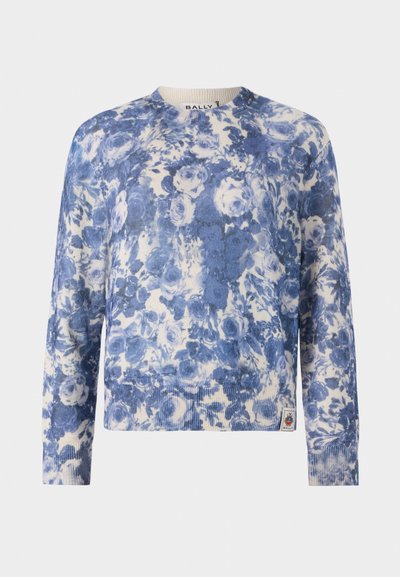 Blau-weißer Pullover mit Blumenmuster, gerippte Bündchen und Saum, Rundhalsausschnitt, aus weichem Material gefertigt, mit gesticktem Logo am Saum.