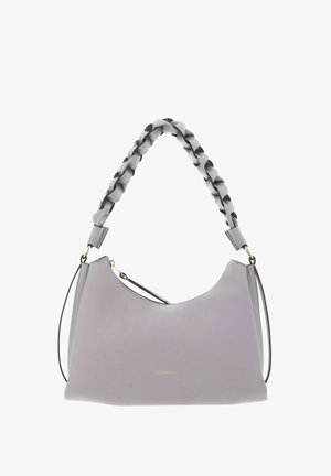 Sac à main gris clair avec une anse tressée, une texture lisse et un dessus zippé, arborant un logo doré discret à l'avant.