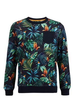 Langærmet sweatshirt med en sort base og et livligt tropisk print af blade og fugle. Inkluderer en lille marineblå brystlomme.