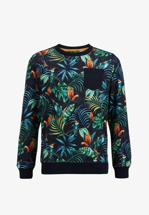 Bluza z długim rękawem o czarnym tle, ozdobiona żywym tropikalnym wzorem liści i ptaków. Posiada małą granatową kieszeń na piersi.