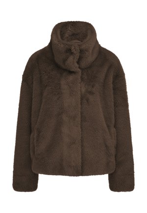 Braune Kunstpelzjacke mit hohem Kragen, langen Ärmeln und lockerer Passform. Weicher Stoff ohne sichtbare Verschlüsse, ausgestattet mit seitlichen Taschen.