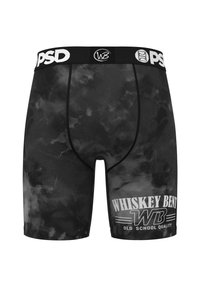 Black and gray tie-dye boxer briefs with white "WHISKEY BENT WB OLD SCHOOL QUALITY" text on the leg and "PSD" on the waistband.