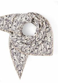 Foulard en soie avec un fond crème ornée d'illustrations de chiens gris et de feuilles. Les bords présentent un détail de couture contrasté subtil.