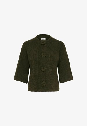 Tumši zaļš adīts kardigans ar apaļu izgriezumu, trīs ceturtdaļu garuma piedurknēm un priekšpusē pogām ar ziedu formas rotājumiem.