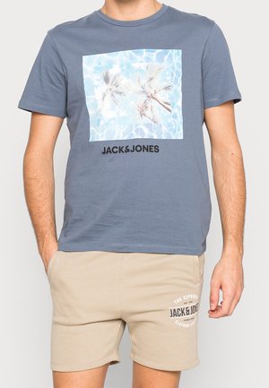 Mężczyzna w szaro-niebieskim T-shircie z nadrukiem palmy i wody oraz beżowych szortach z logo Jack & Jones.