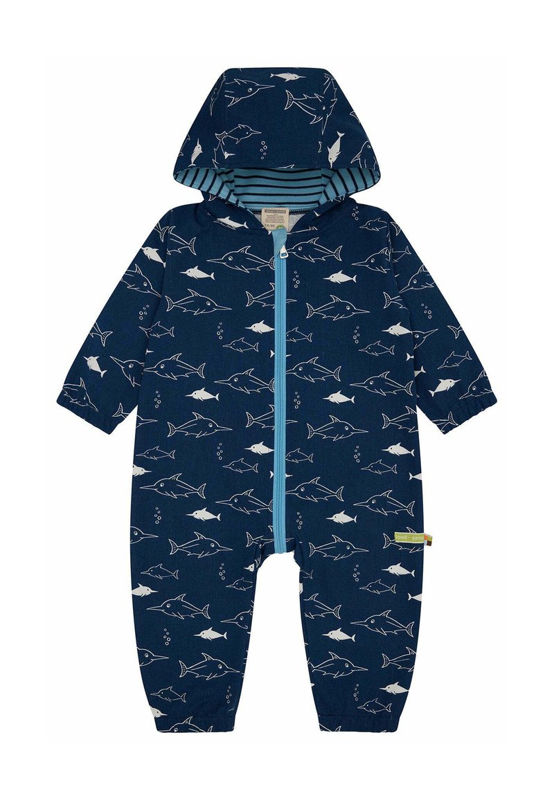 Marineblauer Einteiler mit einem weißen Haifischmuster, Reißverschluss vorne und gestreifter Kapuzenfutter. Hergestellt aus weichem Stoff mit elastischen Bündchen.
