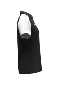 Polo di colore nero con maniche corte bianche, caratterizzato da dettagli con bottoni sulla spalla e una texture liscia. Design semplice, colletto.