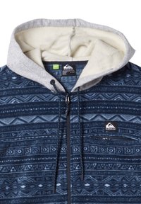 Half-zip hoodie with a gray fleece-lined hood. Features a blue patterned body and a zippered chest pocket. Includes adjustable drawstrings.