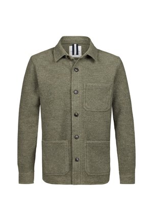 Giacca a maniche lunghe in misto lana verde oliva con colletto e tre tasche applicate, due in basso e una sul petto.