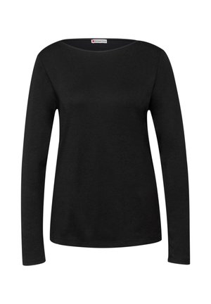 Musta pitkähihaisen yläosan, joka on valmistettu pehmeästä puuvillasta ja siinä on venekaulus sekä rento istuvuus. Sileä pinta ilman näkyviä kuvioita tai koristeita.