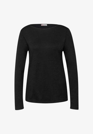 Haut noir à manches longues en coton doux, doté d'un col bateau et d'une coupe décontractée. Texture lisse sans motifs ni accents visibles.