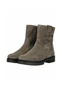 Bottines en suede gris avec une finition texturée, fermeture éclair latérale et semelle plate en caoutchouc avec un motif de tread.