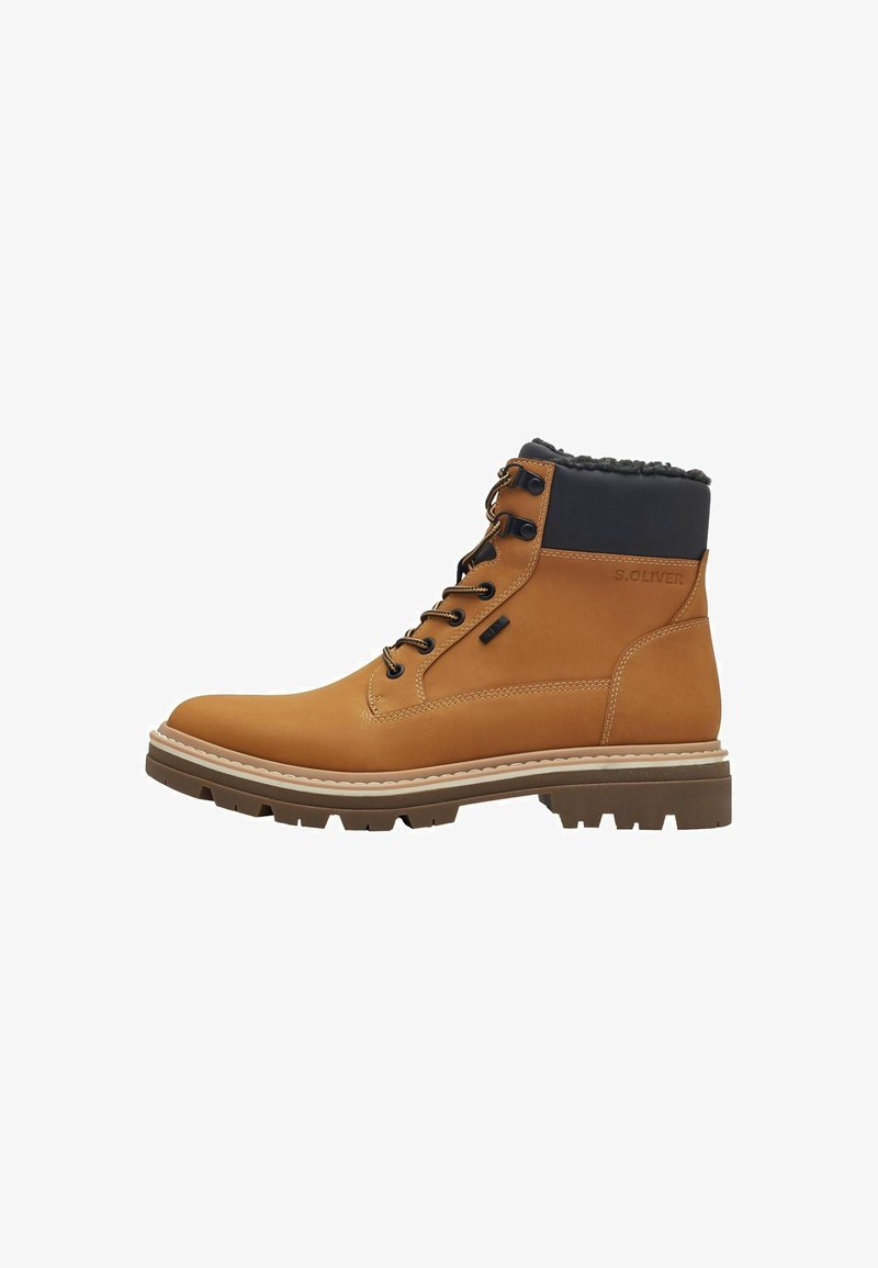 Brown leather boot with a textured surface, black fabric collar, lace-up front, and a rugged rubber sole. Brand marking on the side.