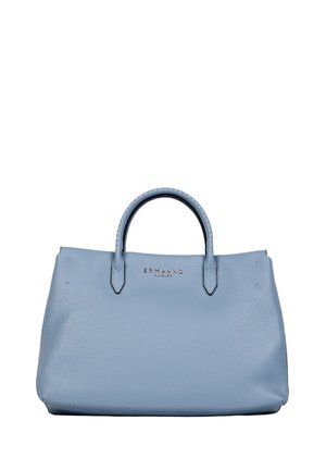 Borsa in pelle azzurro chiaro con doppi manici e il nome del marchio "ERMANNO" impresso in oro sul davanti.