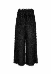 Zwarte wijde broek van een harige, gestructureerde stof met een elastische tailleband, met een losse en luchtige uitstraling.
