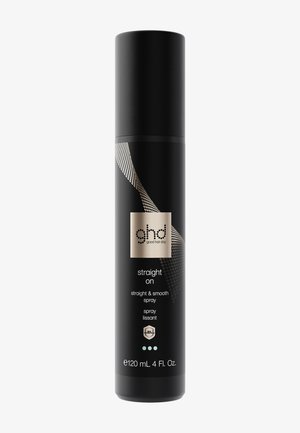 Schwarze zylindrische Flasche mit ghd straight & smooth Haarspray mit Hitzeschutz, 120 ml (4 fl. oz.) Fassungsvermögen und gemustertem Design.