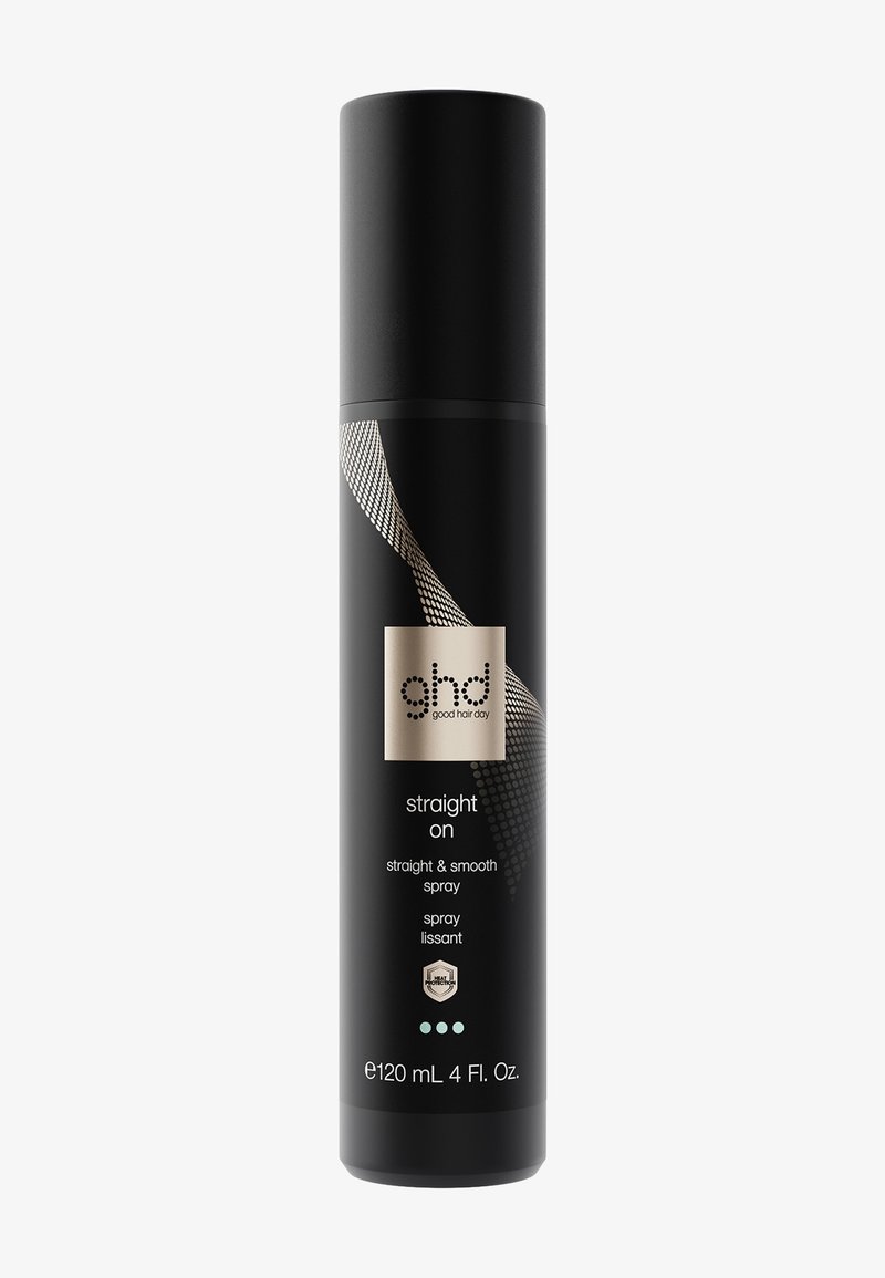Czarna cylindryczna butelka sprayu do prostowania i wygładzania włosów ghd straight & smooth z ochroną termiczną, pojemność 120 ml (4 fl. oz.), z wzorzystym wzorem.