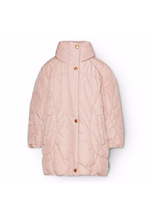 Helle rosa Pufferjacke mit hohem Kragen, Druckknöpfen und gestepptem Textil. Verfügt über überschnittene Schultern und Seitentaschen.