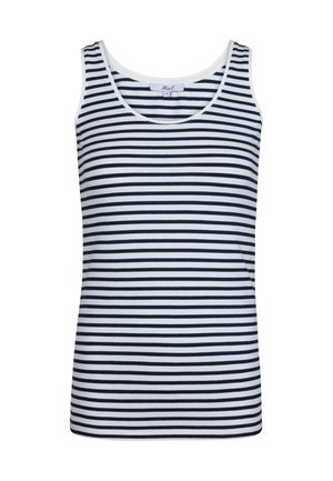 Marineblauw en witte gestreepte mouwloze tanktop, gemaakt van zachte stof met een ronde halslijn en nette randen, met gelijkmatige horizontale strepen.