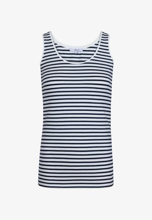 Marineblauw en witte gestreepte mouwloze tanktop, gemaakt van zachte stof met een ronde halslijn en nette randen, met gelijkmatige horizontale strepen.