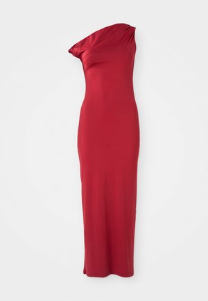 Rotes, knielanges Kleid mit einseitigem Design. Hergestellt aus glattem, elastischem Stoff. Verfügt über eine taillierte Silhouette und einen drapierten Ausschnitt.