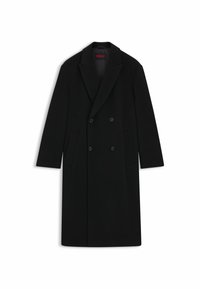Cappotto nero doppiopetto in tessuto, con rever a punta, due tasche frontali e sottili righe verticali nella fodera.