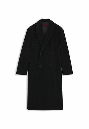 Double-breasted black coat made of fabric, featuring a peak lapel, two front pockets, and subtle vertical stripes in the lining.
