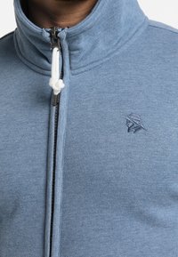 Ljusblå zip-up sweatshirt med hög krage, utrustad med en vit dragsko och en broderad logotyp av en profil på bröstet.