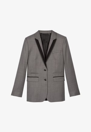 Grijze blazer met een subtiele textuur, enkelvoudig ontwerp, twee voorzakken en een zwarte satijnen revers. Voorzien van twee zwarte knopen.