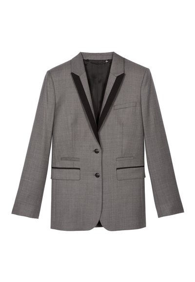 Grauer Blazer mit subtiler Textur, einreihigem Design, zwei Fronttaschen und schwarzem Satinrevers. Verfügt über zwei schwarze Knöpfe.