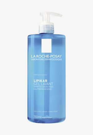 Clear blue plastic bottle with a pump dispenser. Label includes "La Roche-Posay", "Lipikar Gel Lavant", and details in white text. 750ml size.