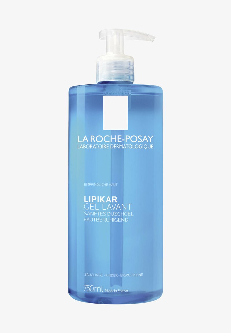 Clear blue plastic bottle with a pump dispenser. Label includes "La Roche-Posay", "Lipikar Gel Lavant", and details in white text. 750ml size.
