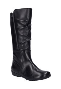 Bota de cuero negro hasta la rodilla con un diseño arrugado, cremallera lateral, punta redondeada y suela de goma texturizada. Parte superior lisa con un acabado brillante.