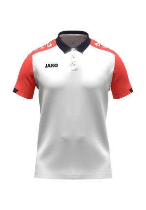 Polo bianca con maniche rosse, colletto nero, patta con bottoni e logo "JAKO" sul petto sinistro e dettagli sulle spalle.