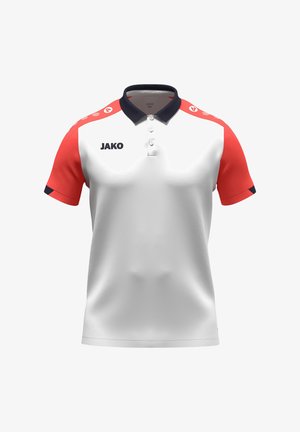 Polo bianca con maniche rosse, colletto nero, patta con bottoni e logo "JAKO" sul petto sinistro e dettagli sulle spalle.