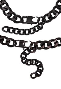 Catena in metallo nero pesante con anelli interconnessi, finitura lucida, con chiusura sicura e design a anelli attorcigliati.