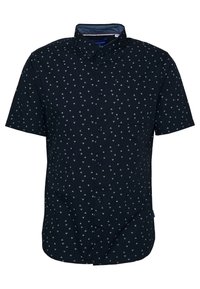 Camicia a maniche corte con bottoni di colore blu navy, caratterizzata da un motivo ripetitivo di piccoli triangoli bianchi, con colletto e taschino sul petto.