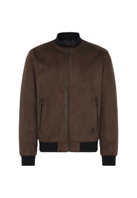 Braune Wildleder-Bomberjacke mit schwarzem geripptem Kragen, Bündchen und Saum, ausgestattet mit einem Frontreißverschluss und seitlichen Reißverschlusstaschen.