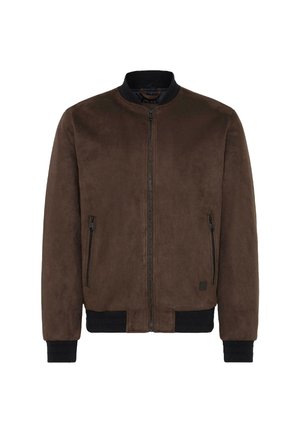 Brown suede bomber jacket with black ribbed collar, cuffs, and hem, featuring front zipper and zippered side pockets.