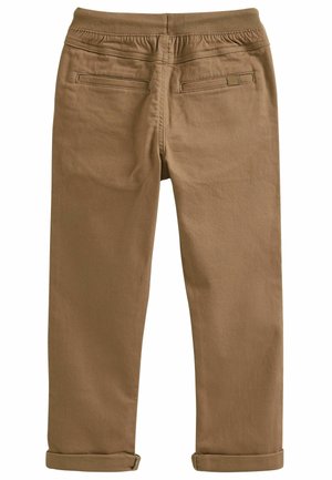 Brown cotton blend pants with a textured finish, featuring an elastic waistband, back pockets, and rolled hems.