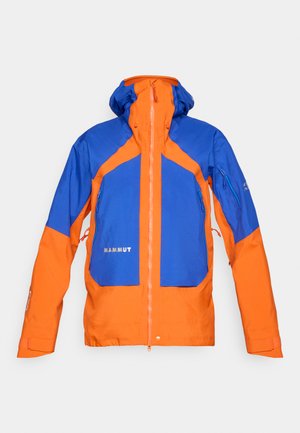 Hiking jacket in orange and blue, featuring a waterproof shell, zippered pockets, adjustable cuffs, and a detachable hood.